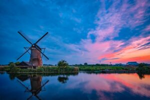 Windmills at Kinderdijk in Holland. Netherlands