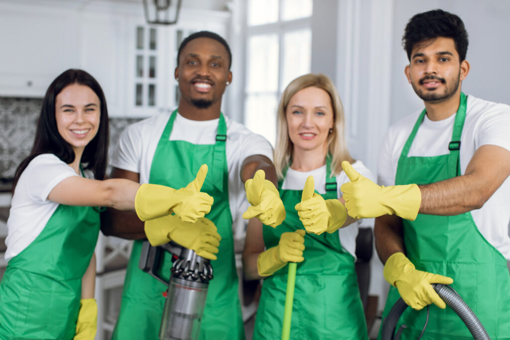 Glimlachende multiraciale schoonmakers die duimen omhoog tonen