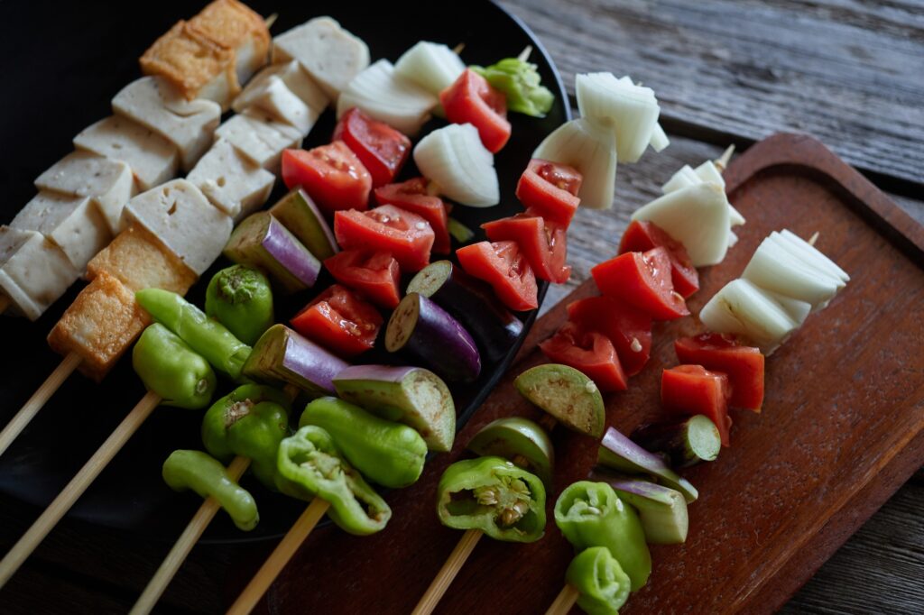 The skewered meat and vegetable